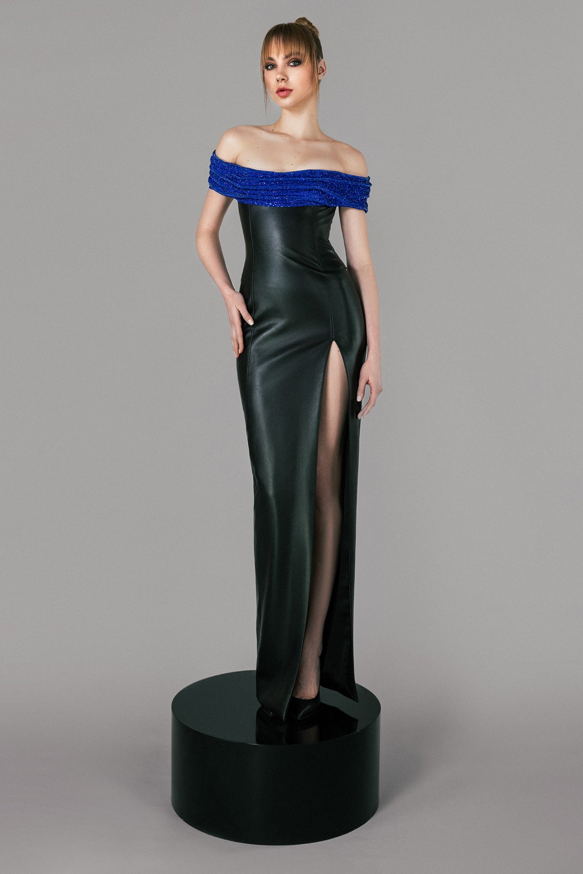 Black leather dress with blue chain mail