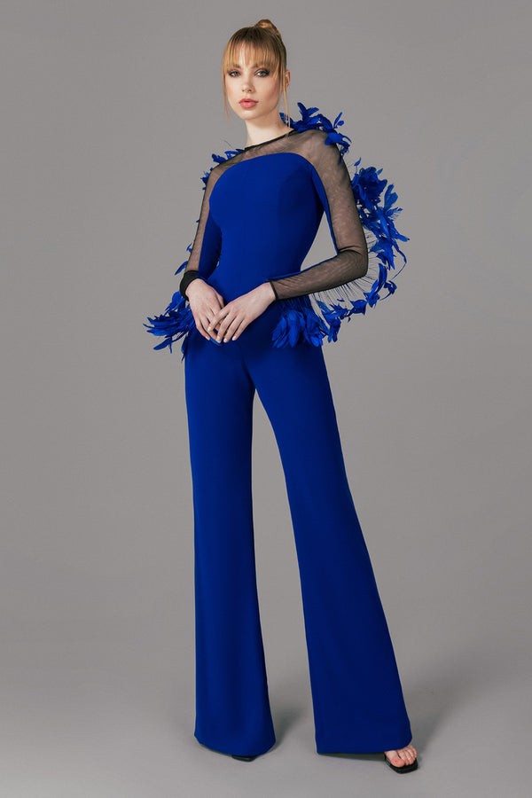Blue crêpe jumpsuit with feathers