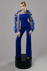 Royal blue crêpe jumpsuit with feathers