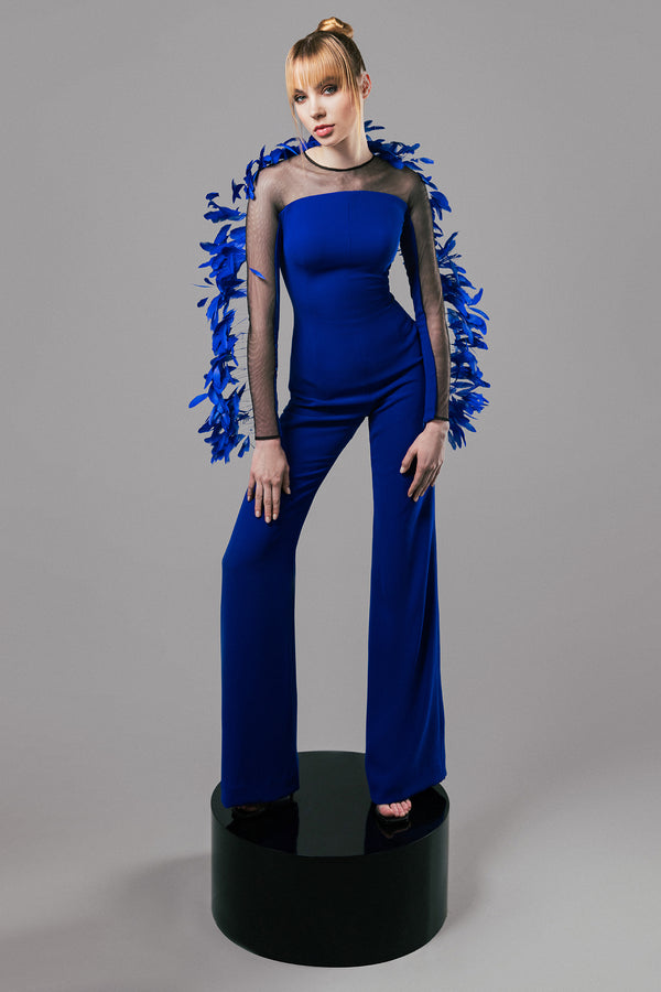 Royal blue crêpe jumpsuit with feathers