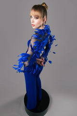 Royal blue crêpe feathered jumpsuit