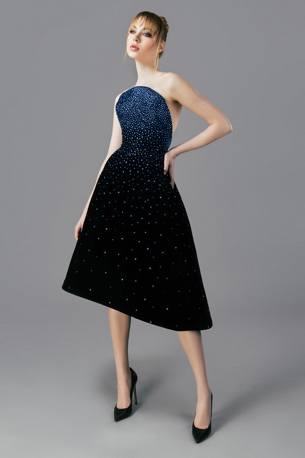 Strapless black velvet midi dress with blue royal stones