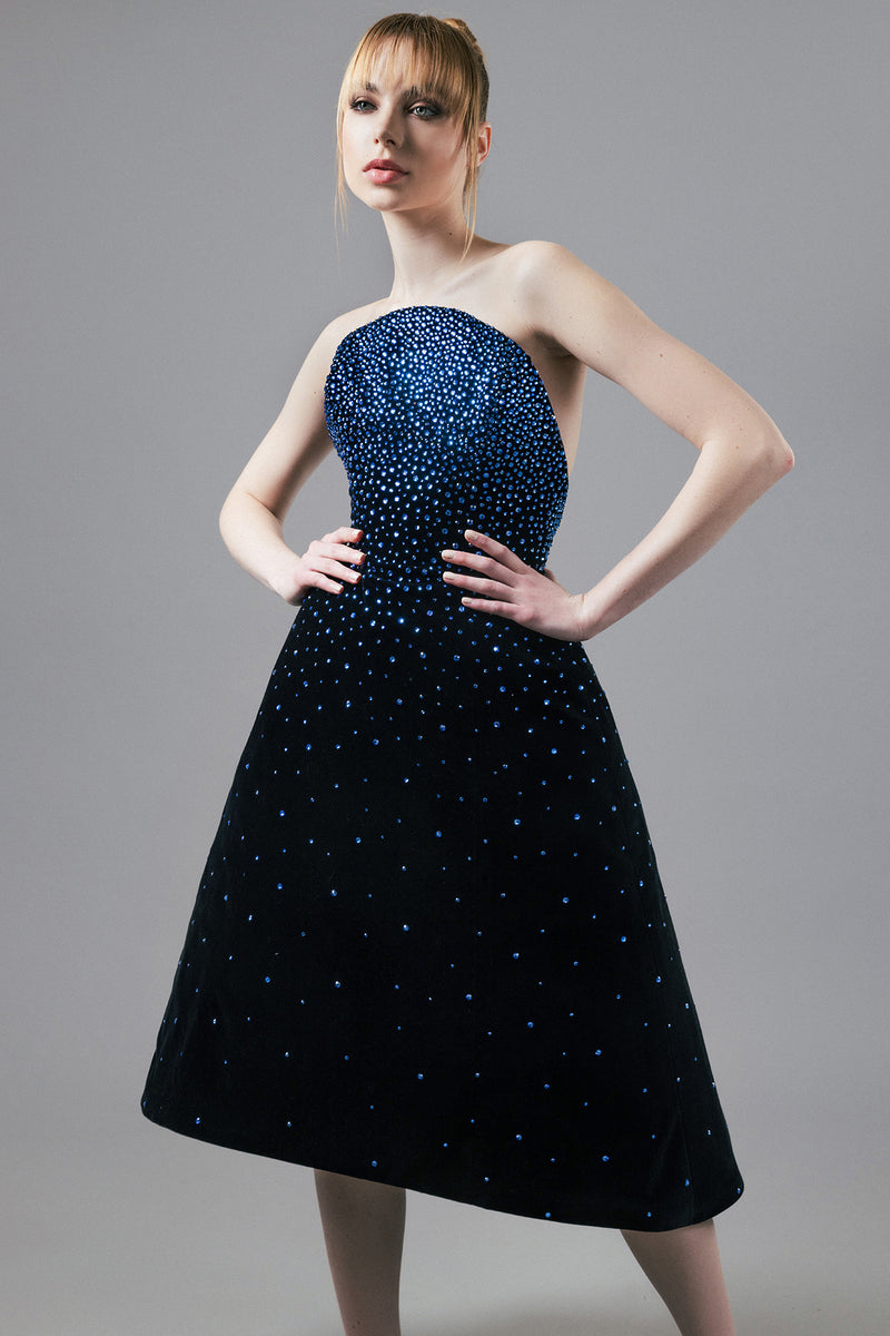 Black velvet midi dress fully embroidered with blue royal stones