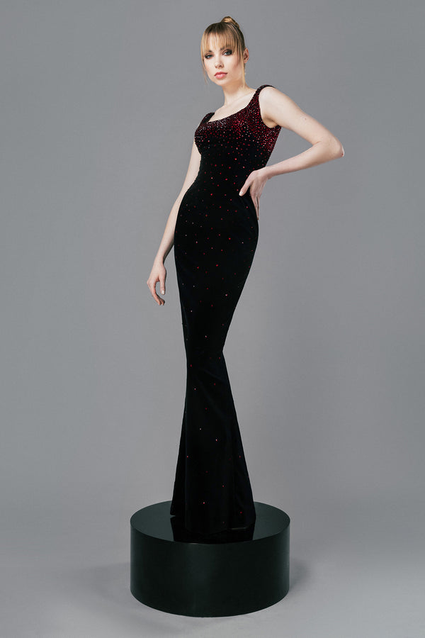 Black velvet dress fully embroidered with deep red stones