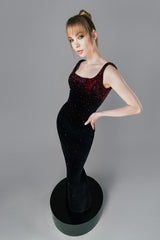 Black velvet fitted dress fully embroidered with deep red stones