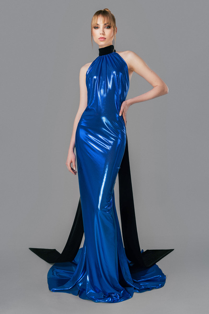 Royal blue velvet dress with structured sleeve