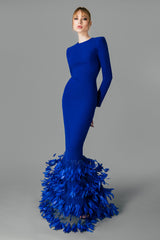 Royal blue crêpe dress with layered feathered hem