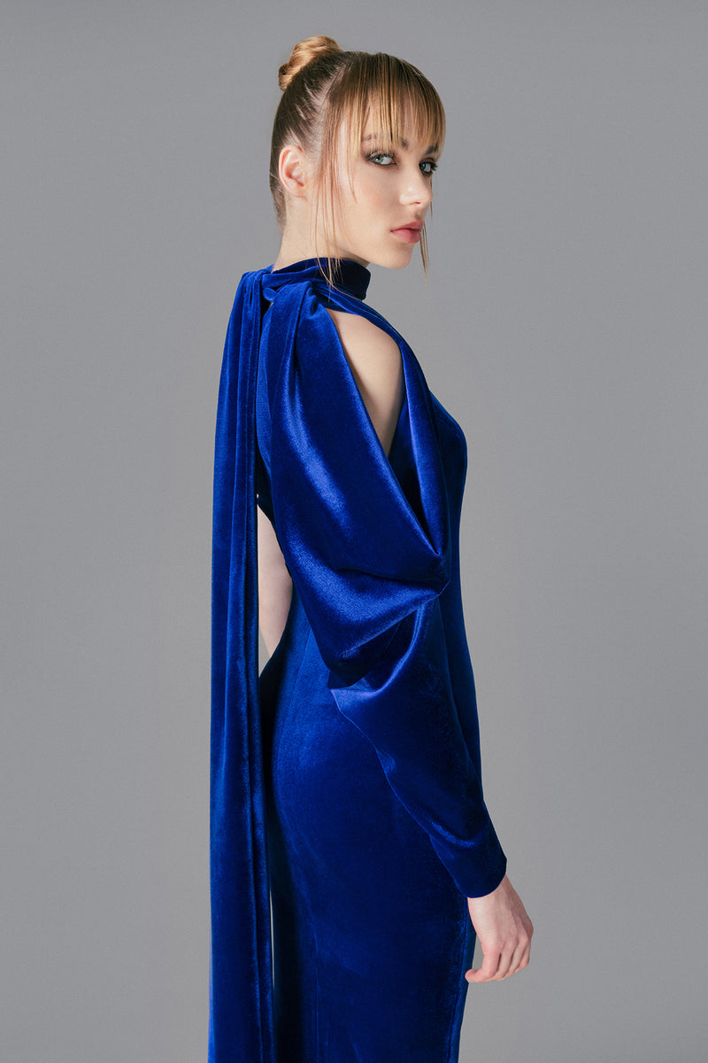 On shoulder royal blue velvet dress with structured sleeve