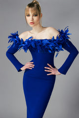 Royal blue crêpe off the shoulders dress with feathers on the bust