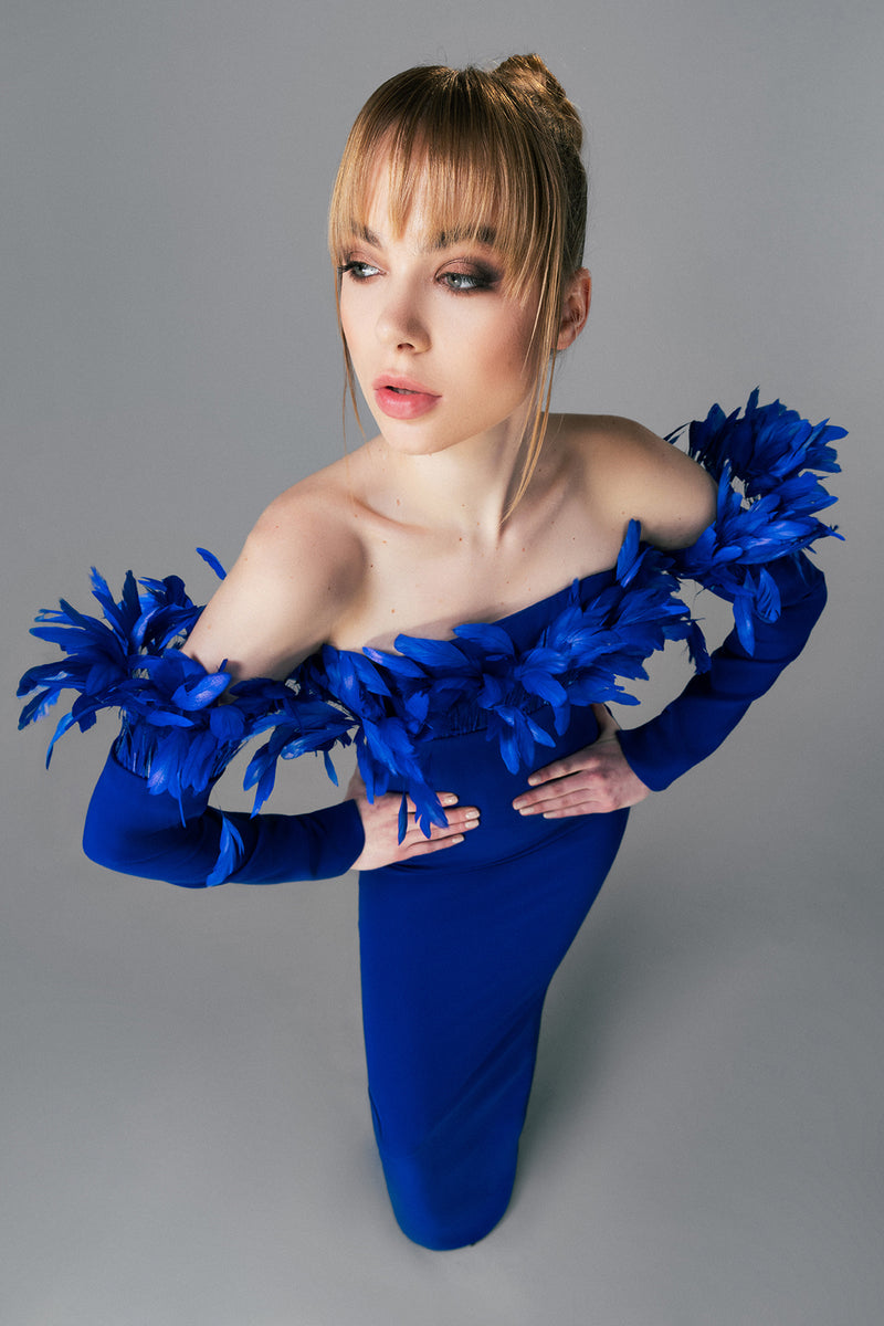 Royal blue crêpe dress with feathered bust