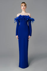Royal blue crêpe dress with feathers on the bust