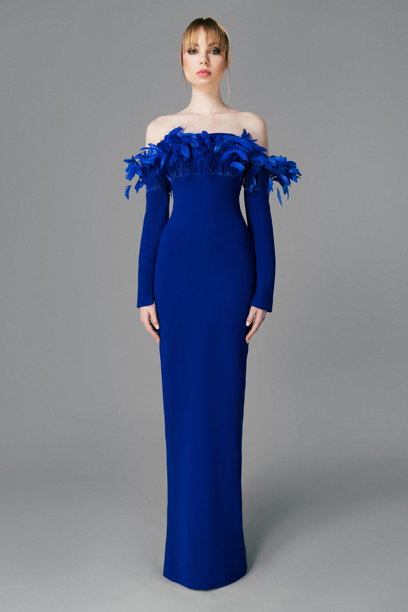 Royal blue crêpe dress with feathers on the bust