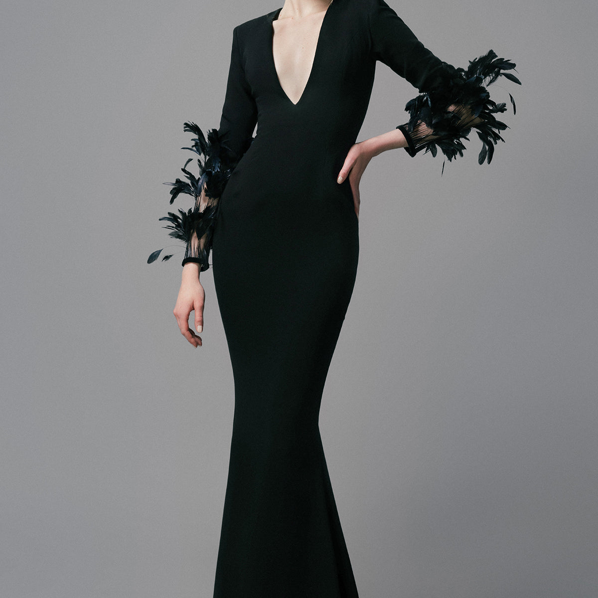 Black crêpe dress with feathers on the sleeves