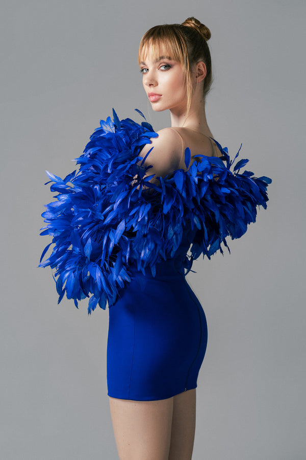 Blue mini crêpe dress with feathers on the neckline and sleeves