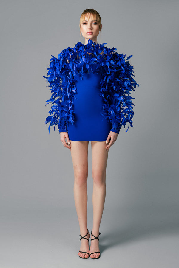Royal blue mini crêpe dress with feathers on the neckline and sleeves