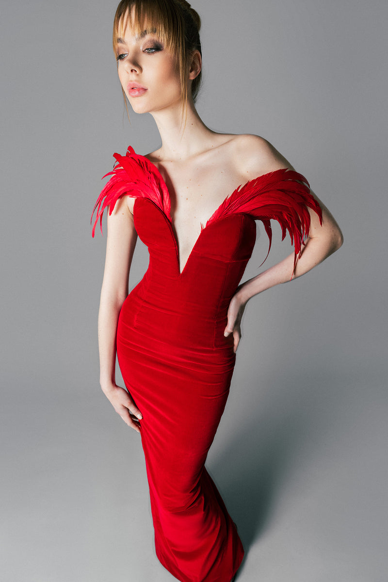 Deep red fitted velvet dress with feathers