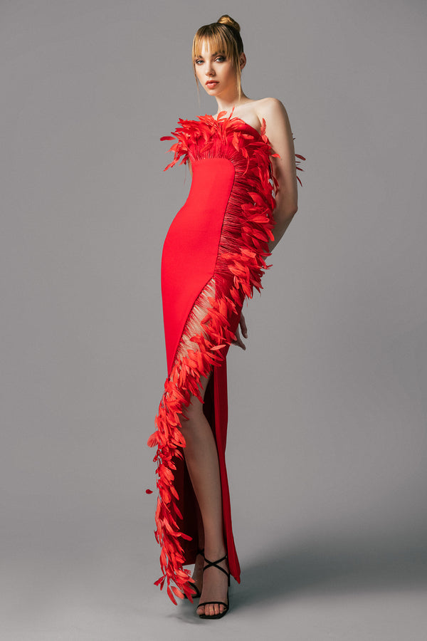 Red crêpe dress with feathers