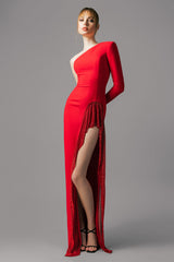Red crêpe dress with chain mail 