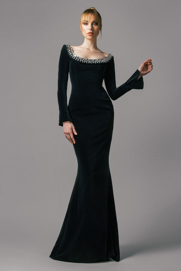 Black velvet dress with crystals embroidered neckline