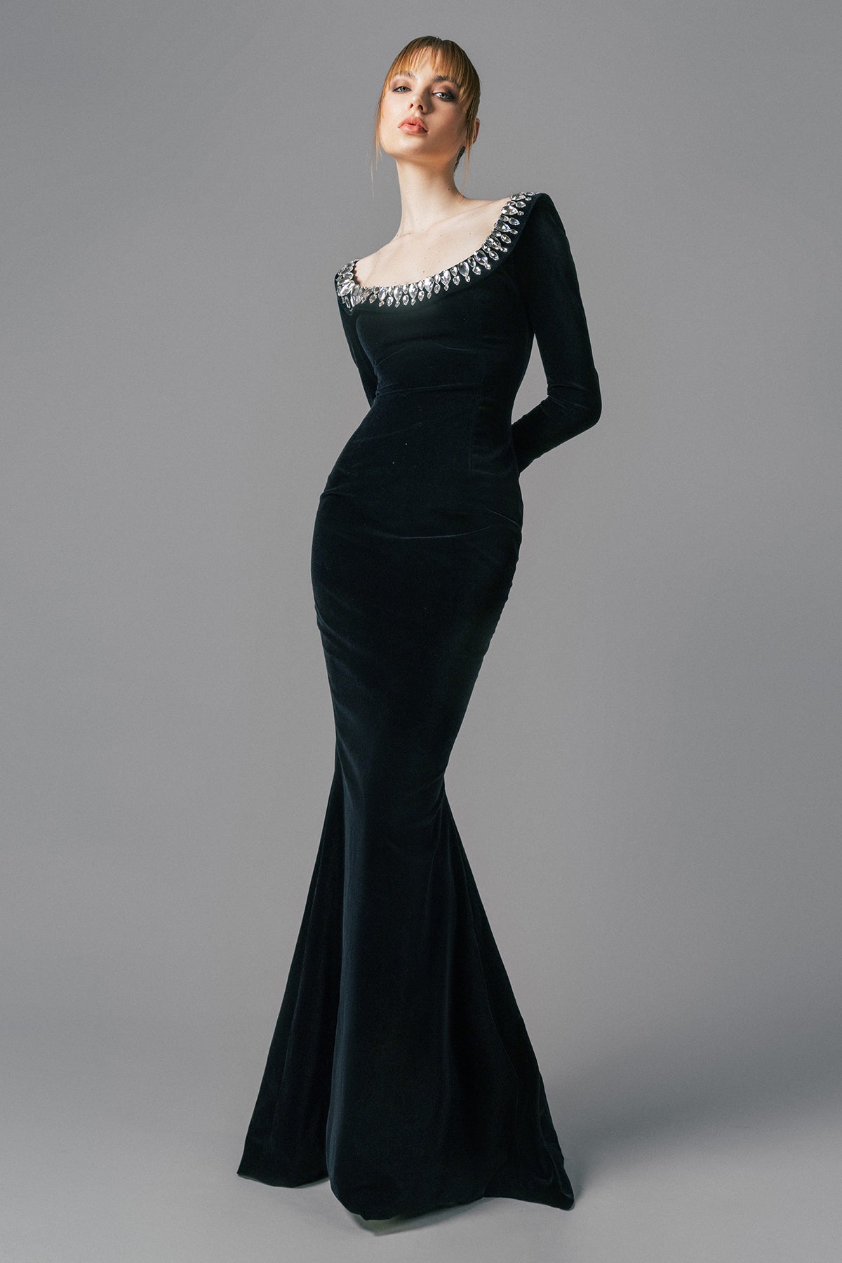 Mermaid cut black velvet dress with crystals embroidered neckline