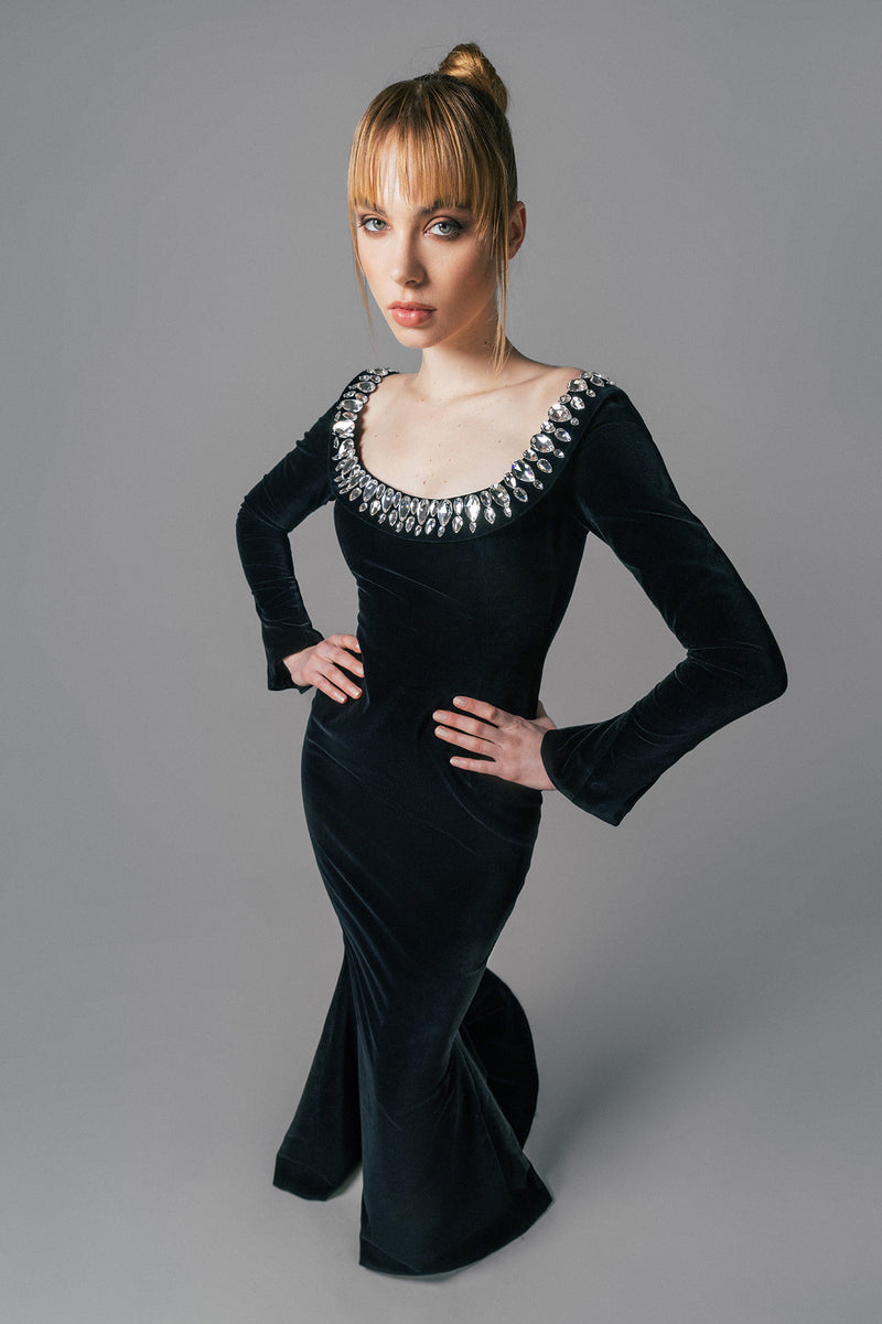 Black velvet dress with crystals embroidered neckline and long sleeves