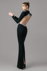 Backless black crêpe dress with side cutouts embroidered with baguette crystals