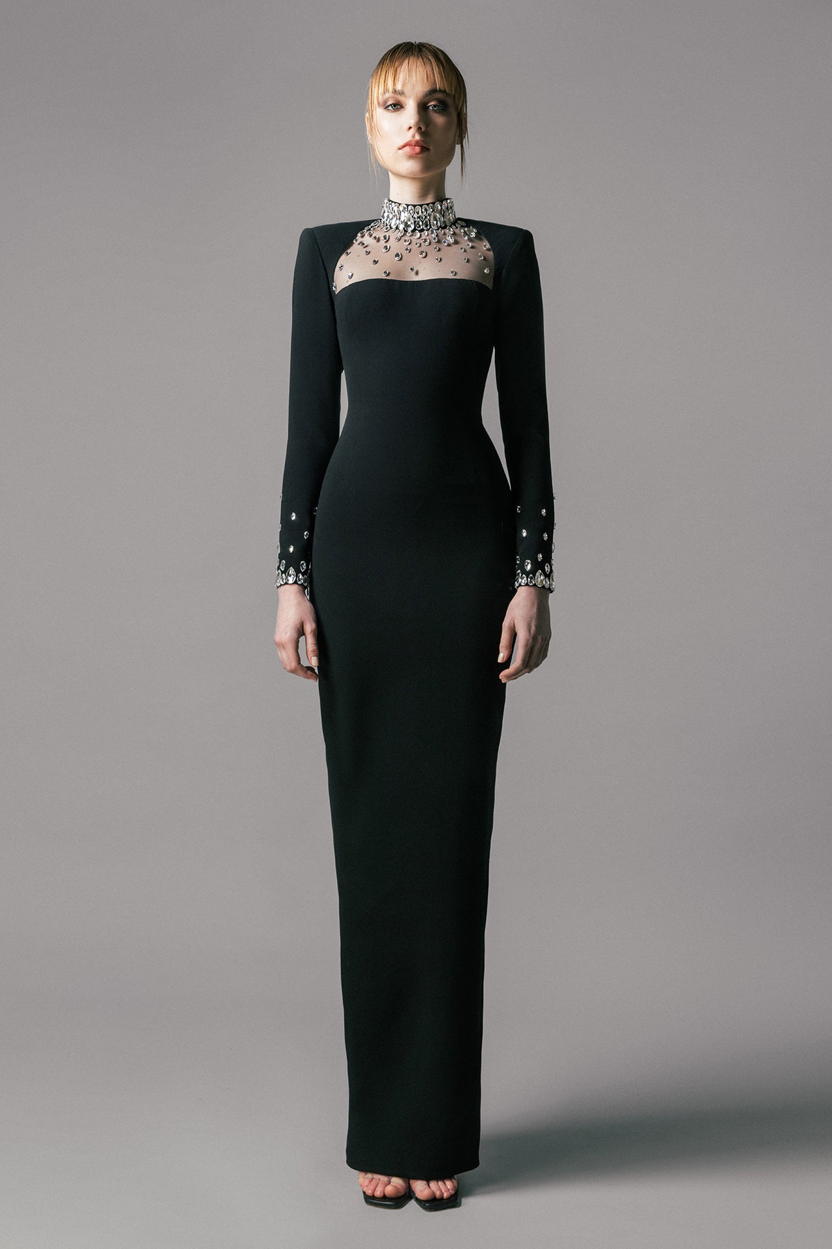 Black crêpe dress with crystal embroidered neckline and sleeves