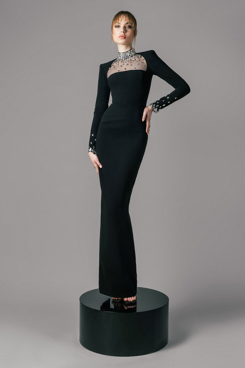 Fitted black crêpe dress with crystal embroidered neckline and sleeves