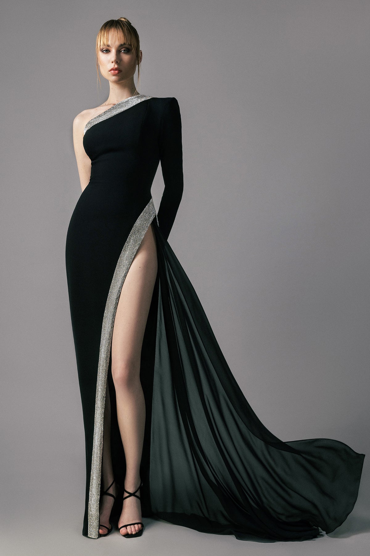Black crêpe dress with silver chain mail