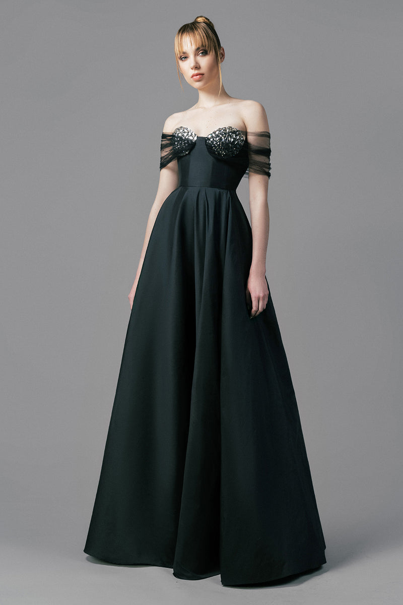Off the shoulders black taffeta A-line dress with crystal embroidery