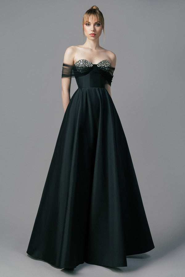Black taffeta A-line dress with crystal embroidery