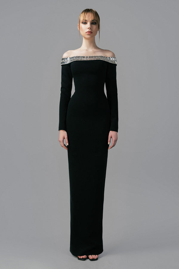 Strapless black dress with crystal baguettes neckline