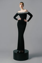 Black dress with crystal baguettes neckline