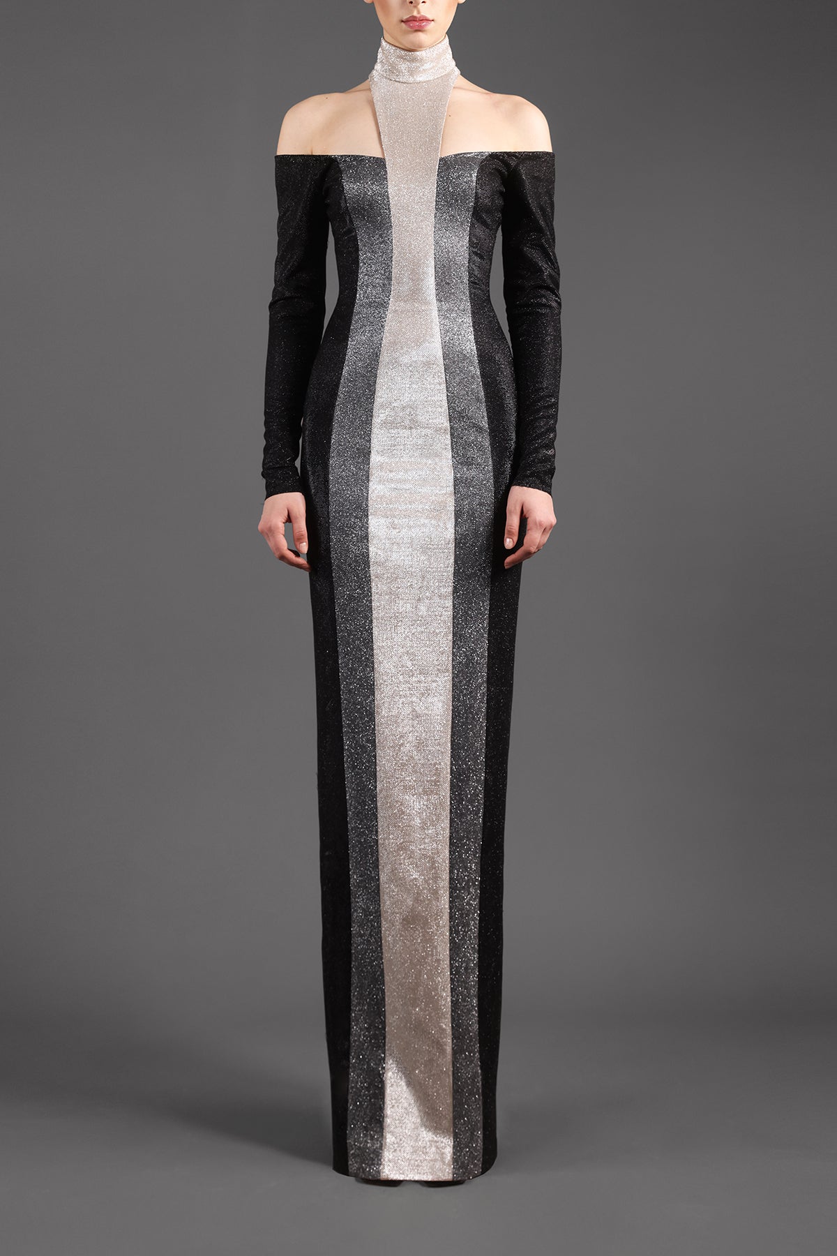 Black and silver shimmery dress with high-neck detail