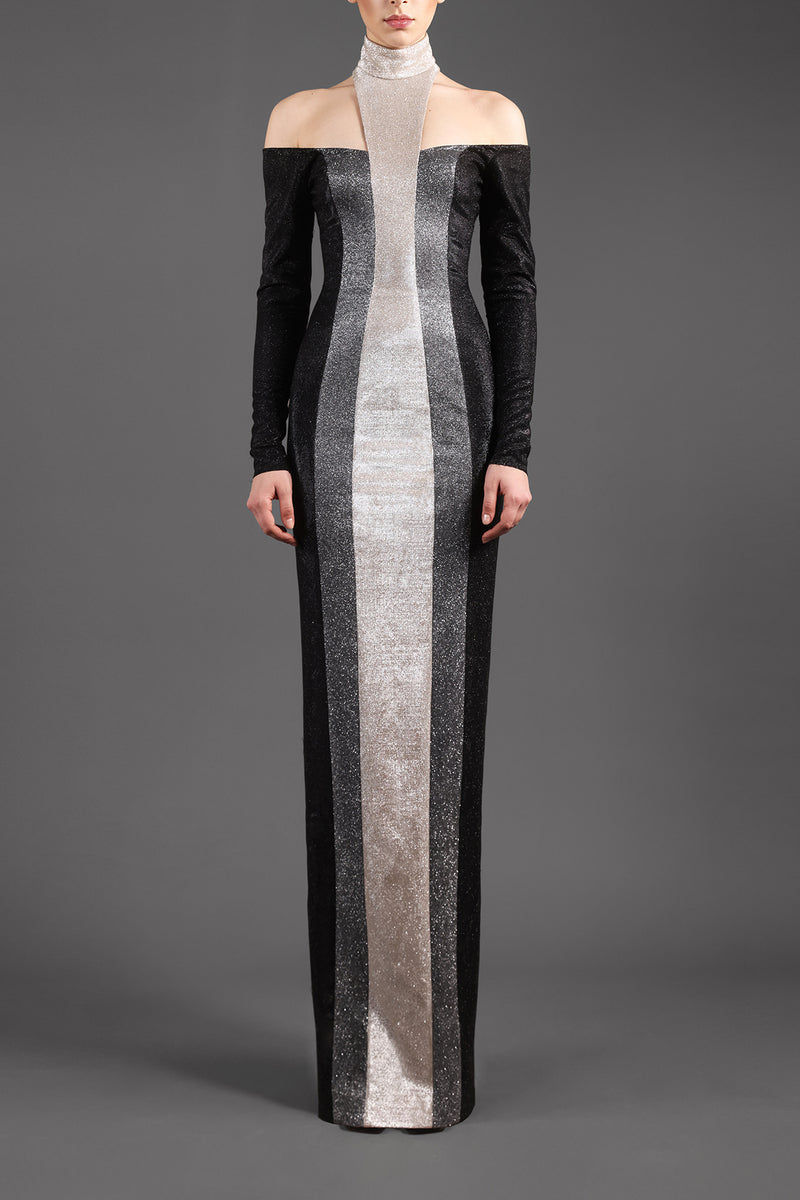 Black and silver shimmery dress with high-neck detail