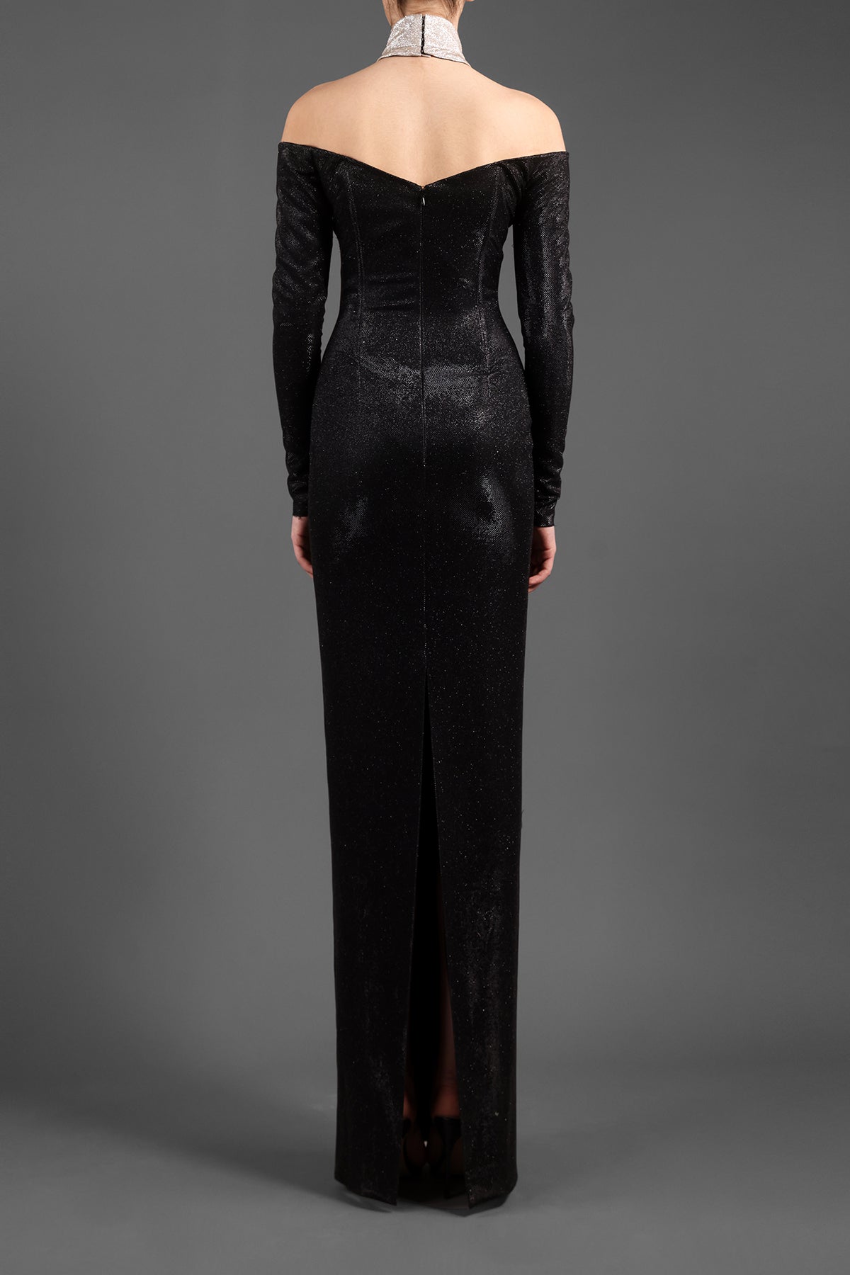 High-neck detail on off-the shoulders black and silver shimmery dress  