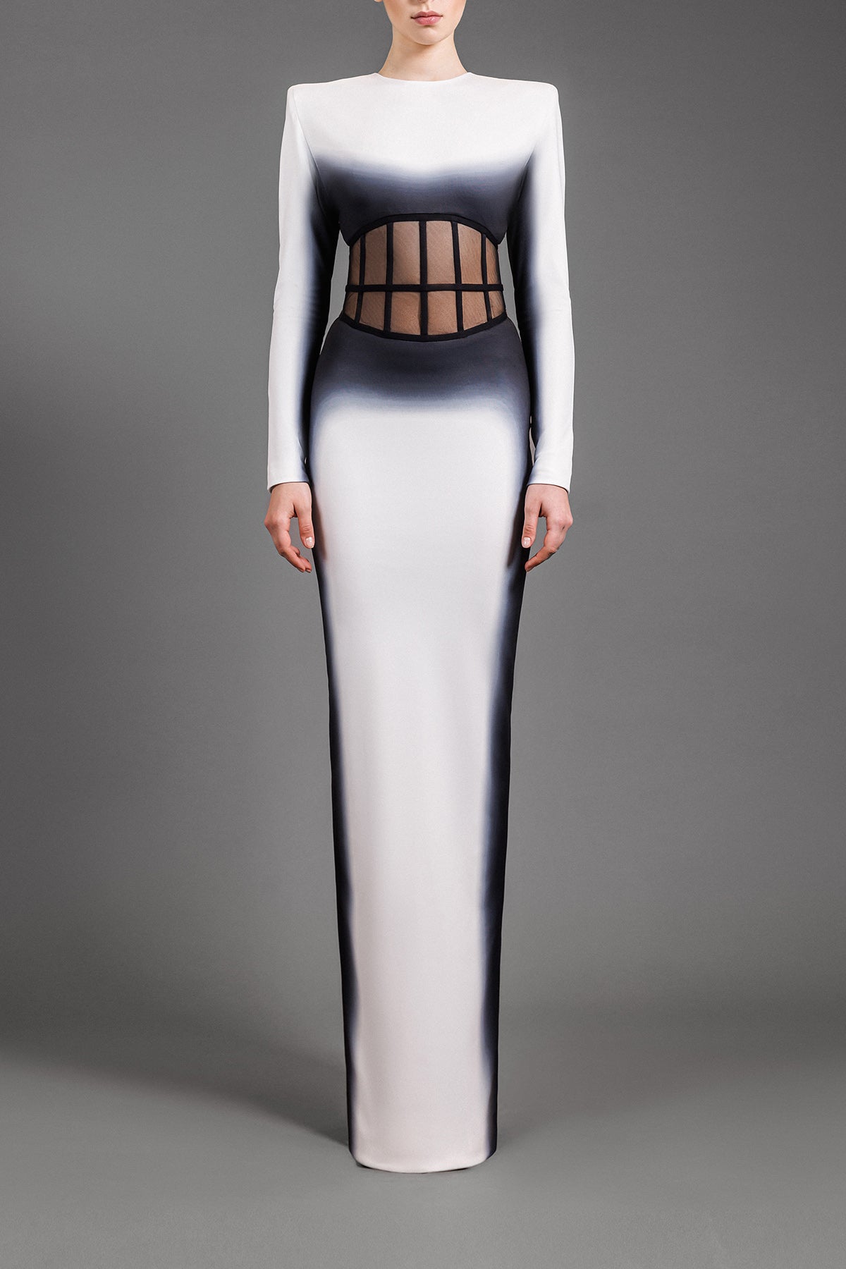 White jersey printed ombré dress with a visible tulle corset