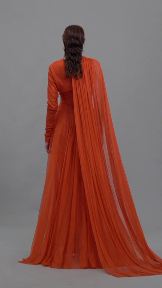Orange red one-shouldered draped dress in silk foiled tulle 