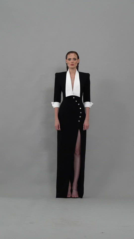 Black and white double-breasted tailored coat dress