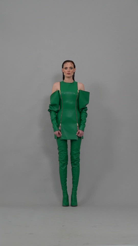 Green leather short dress with zippers and deconstructed sleeves