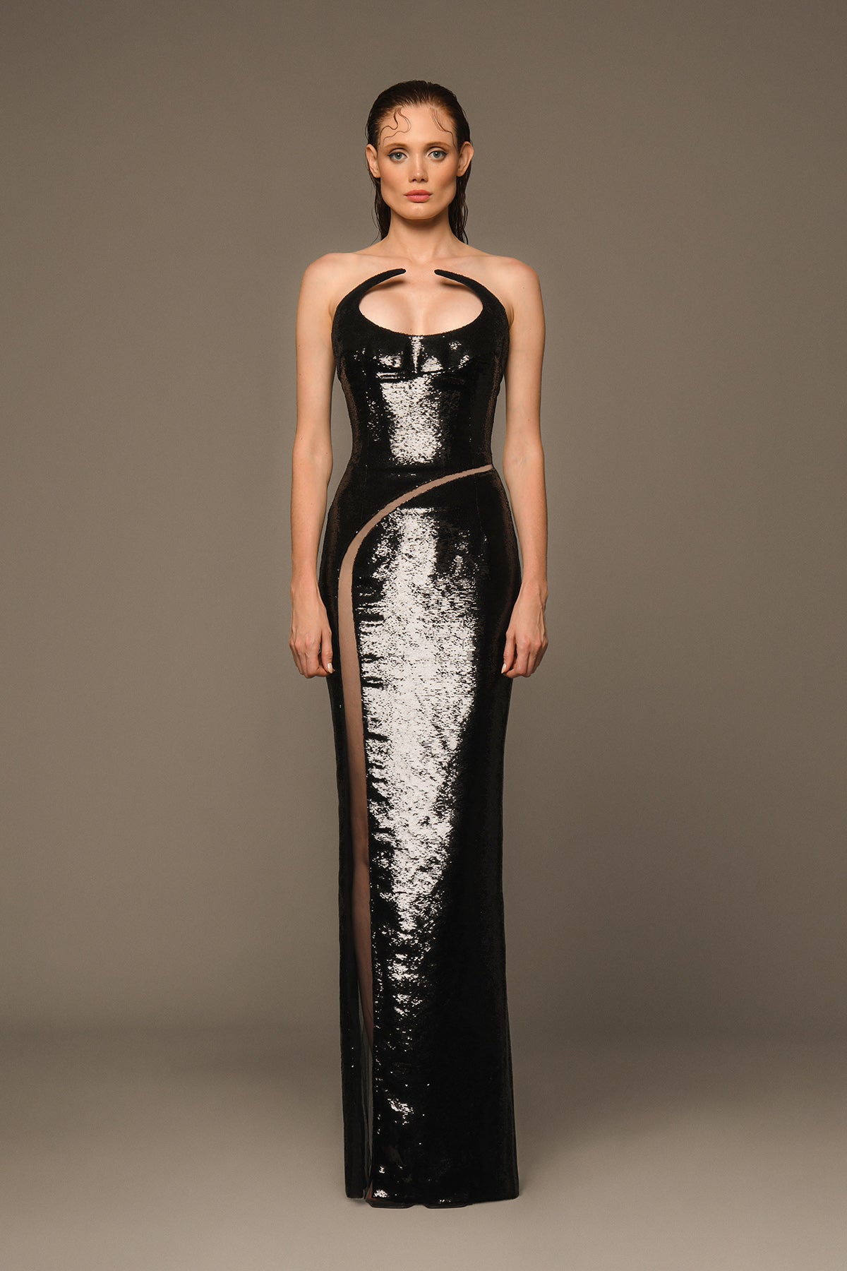 Fitted structured black sequins dress with pointed neckline