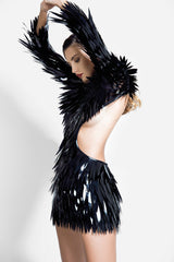 High-gloss mini dress fully embellished with laser cut plumes