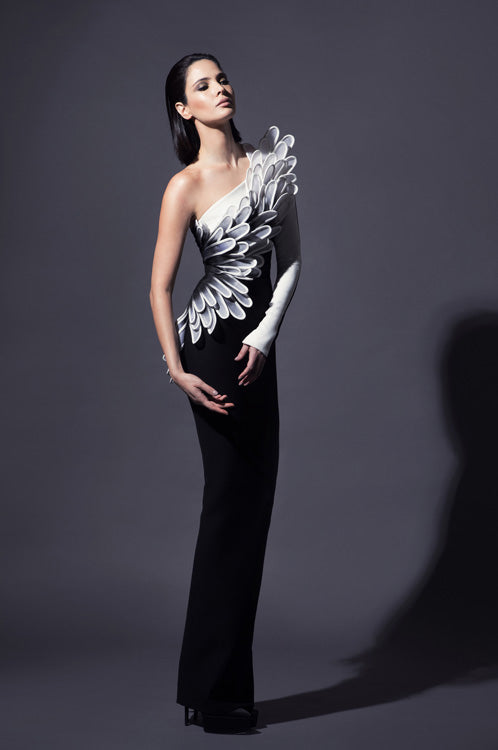 'Mary JB' dress tailored in black and white silk crêpe with ombré handcrafted 3D plumes emerging at the centre back and soaring asymmetrically round the torso