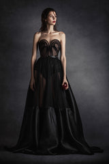 Strapless black tulle A-line dress with black velvet and silk gazar detailing