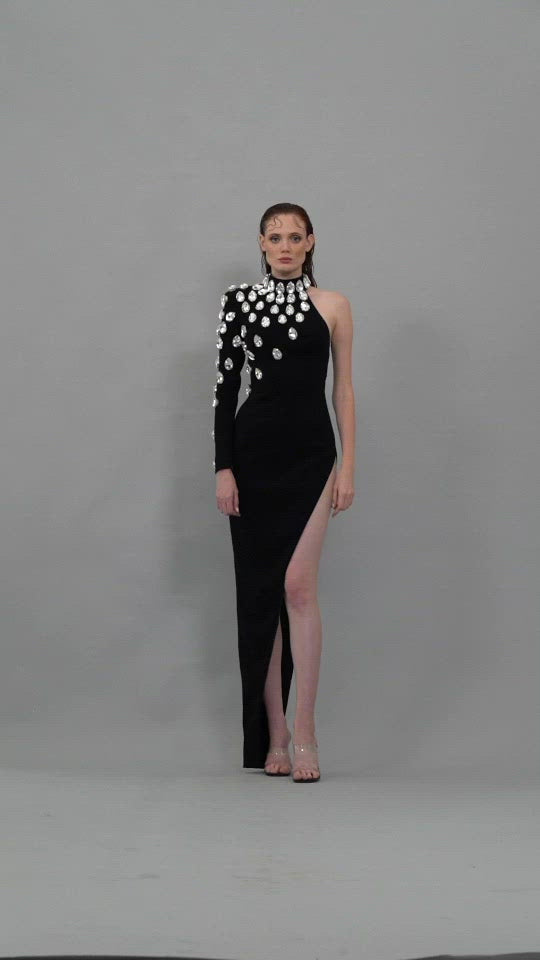 Asymmetrical black crêpe dress with crystals