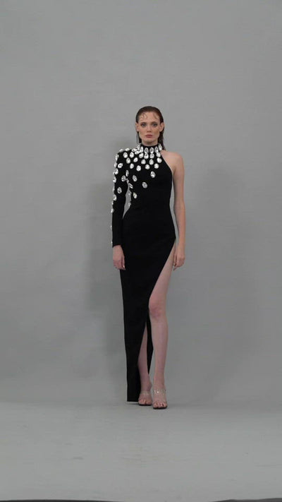 Asymmetrical black crêpe dress with crystals