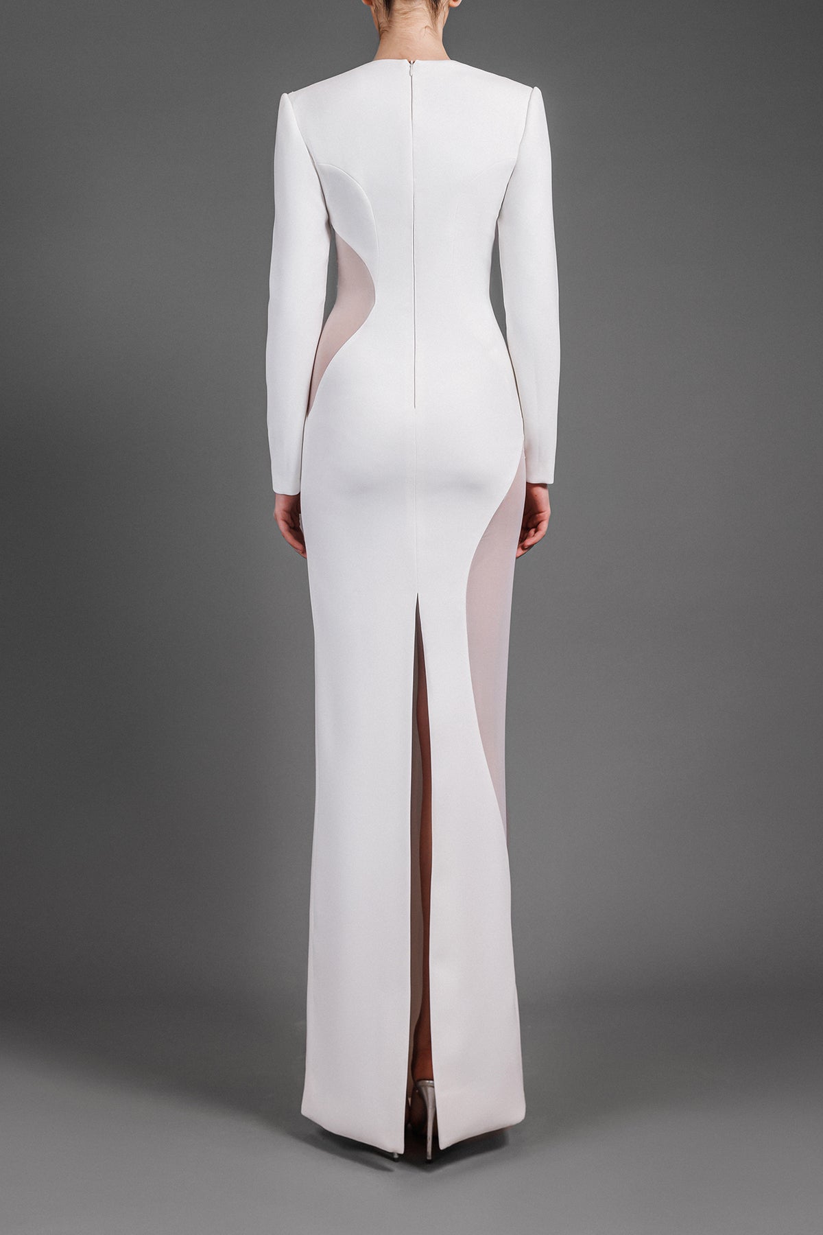 Tulle cut-outs on white crêpe dress  