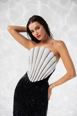 Crystals and glass beads embroidered scallop shell inspired dress consisting of a bustier, a skirt in hanging beaded fringes