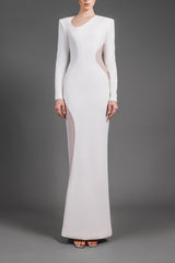 White crêpe dress with tulle cut-outs