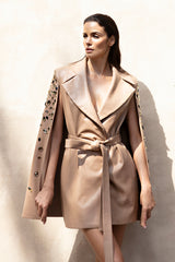 Beige cape coat with embroidered sleeves
